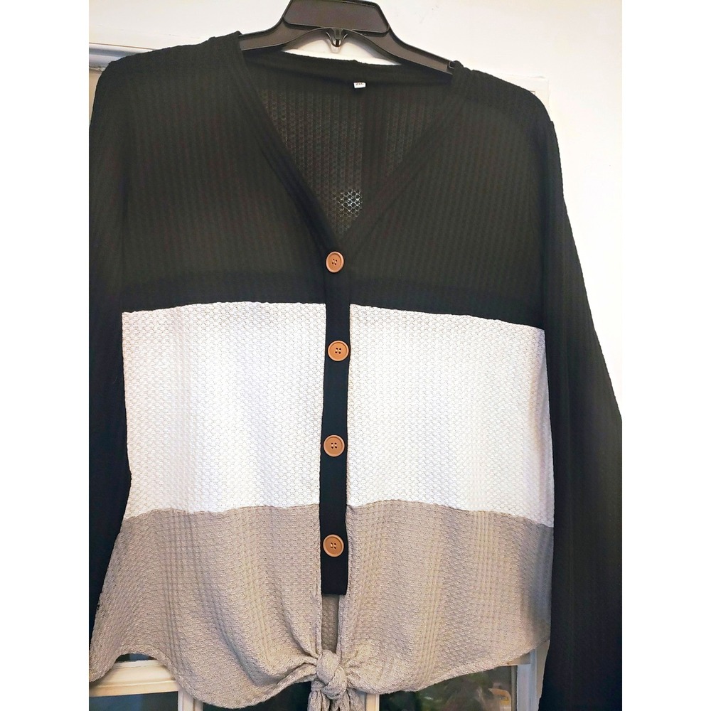 Women's 2XL Colorblock Waffle Knit Tie Front Top Black White Gray V Neck